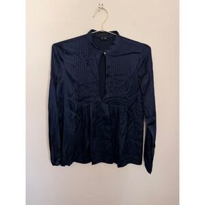 Theory Navy Blue Silk Blend Pleated Keyhole Blouse Long Sleeve Top Small